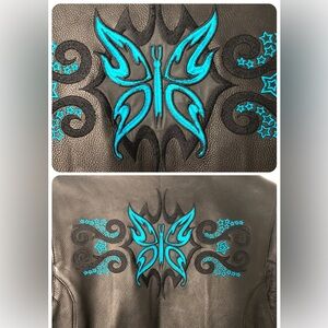 Women’s Milwaukee Leather Jacket With Teal Embroidered Arms And Back. Reflective